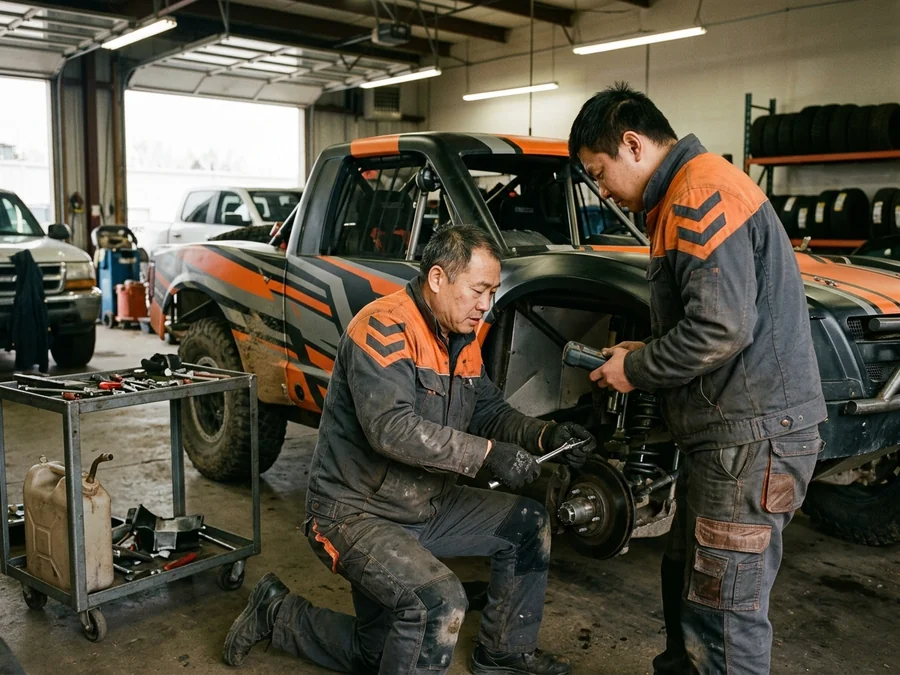 Dealership technicians at the race truck in the dealer's crew kit