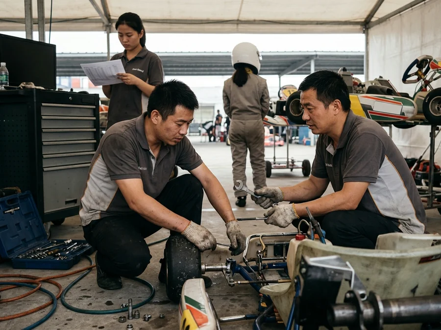 Karting team mechanics in crew polos with names on the chest