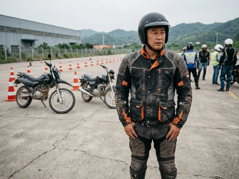 Motorcycle instructor in a custom academy riding jacket on a training ground