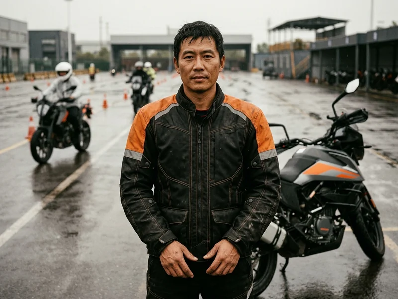 Instructor in a waterproof riding jacket on a wet training course