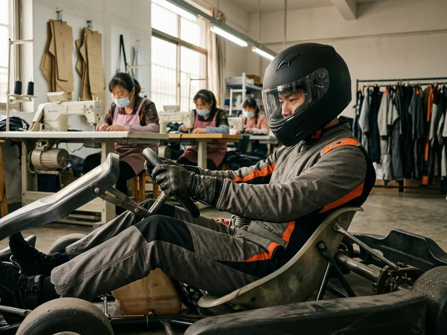 Kart driver seated with legs forward and back supported