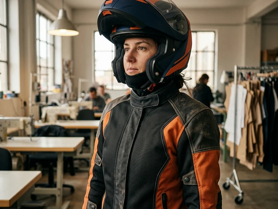 Head up in a helmet, with the collar sitting against the neck