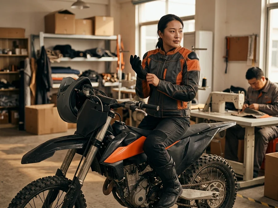 Construction sample jacket fitted on a rider on the bike
