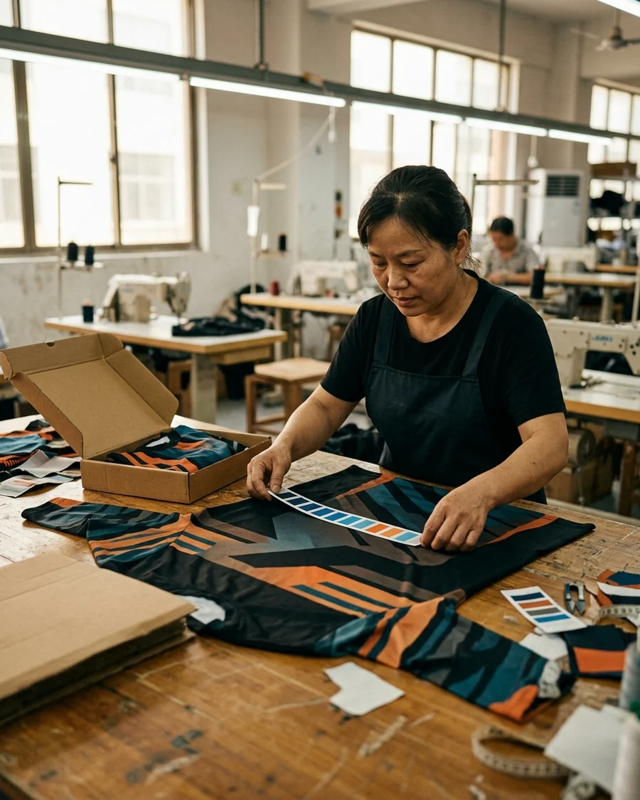 The customer's color strip on their own fabric, packed with the sample