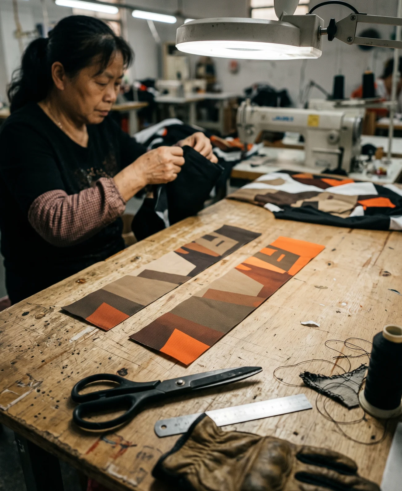 Two color strips laid side by side on the bench under a daylight lamp