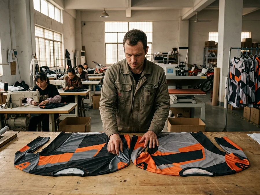 Print buyer comparing two factory samples side by side on a bench