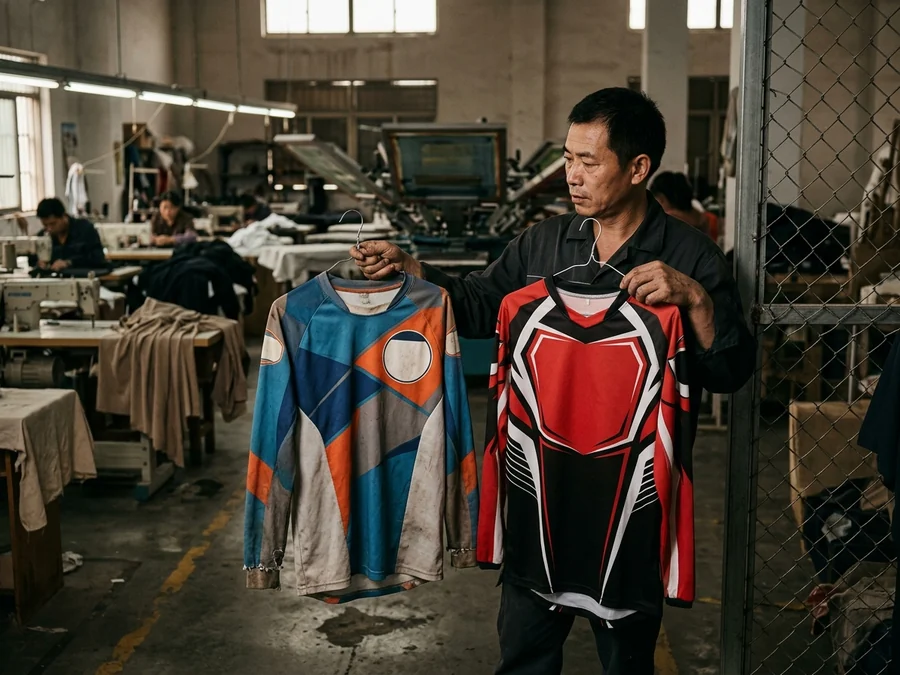 Team manager holding last season's jersey beside a new one on the gate