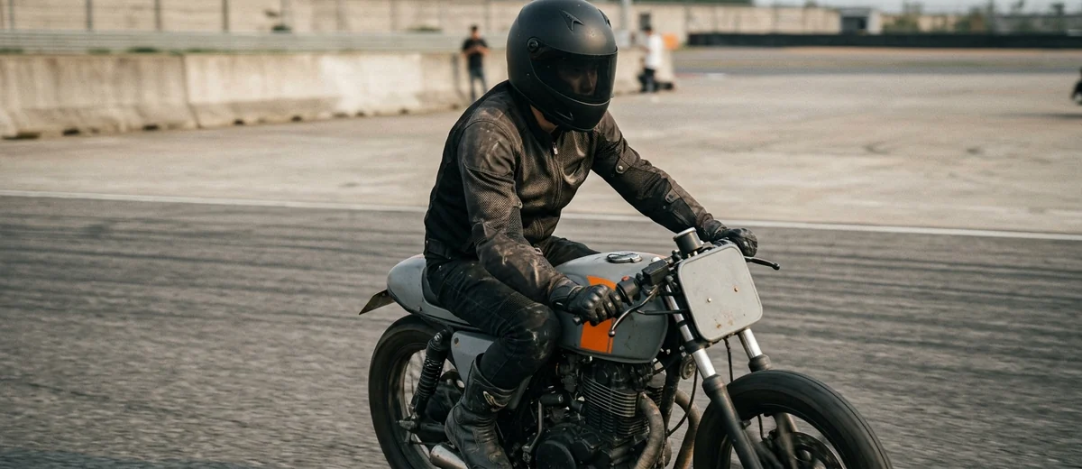 A rider at speed in a fitted mesh jacket with air pulled through the panels