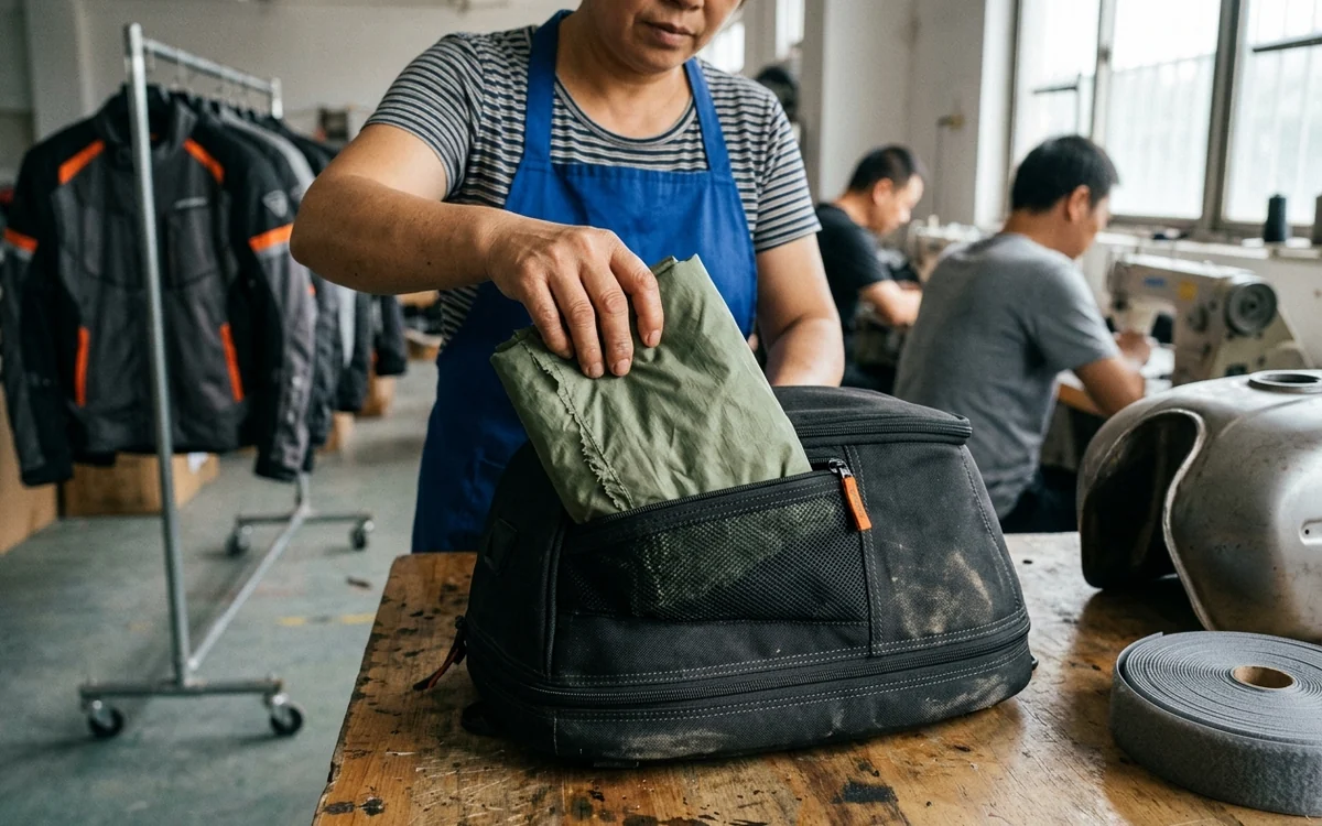 A packable rain shell folded into a tail-bag pocket