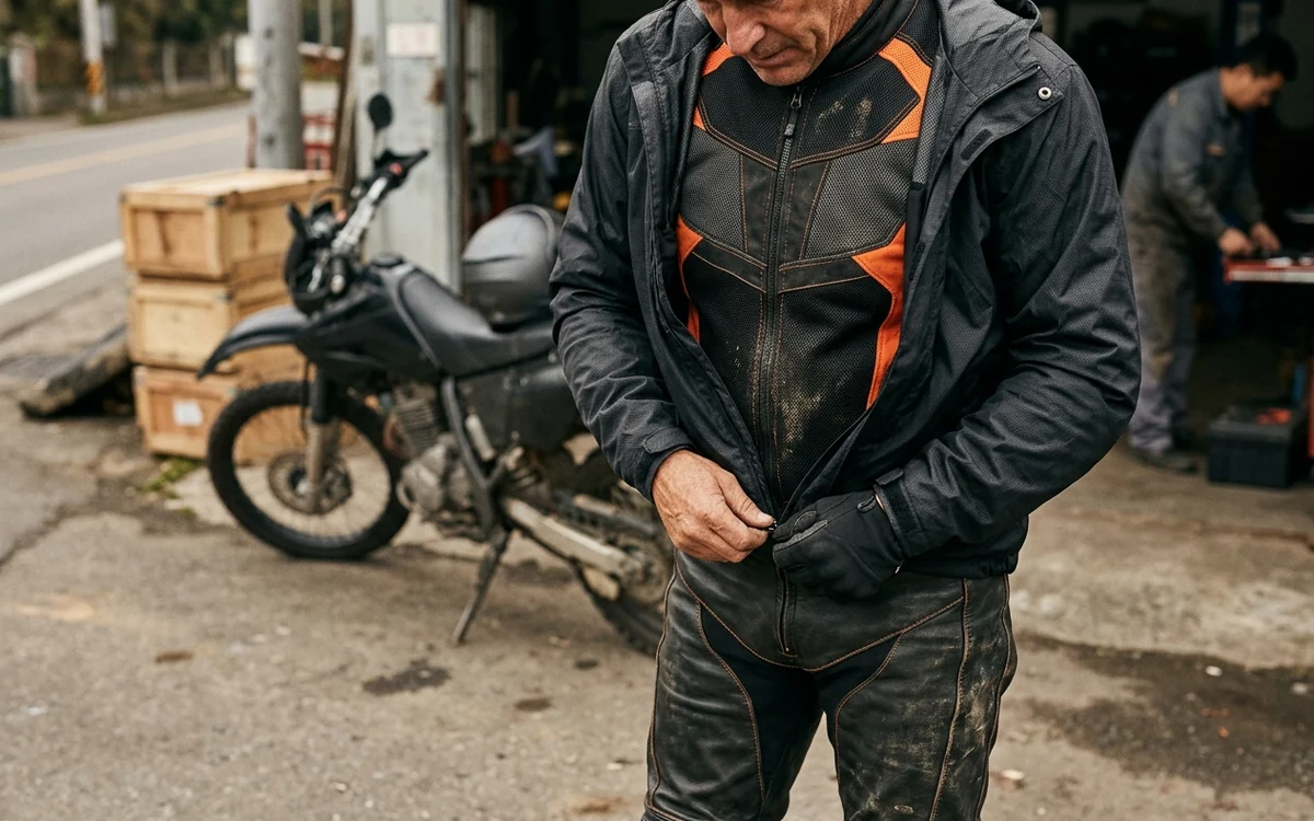 The rain shell pulled on over a mesh jacket at the roadside