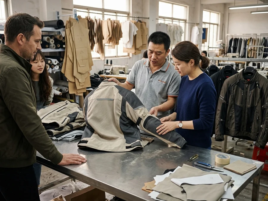 Brand team reviewing a summer model beside their all-season jackets