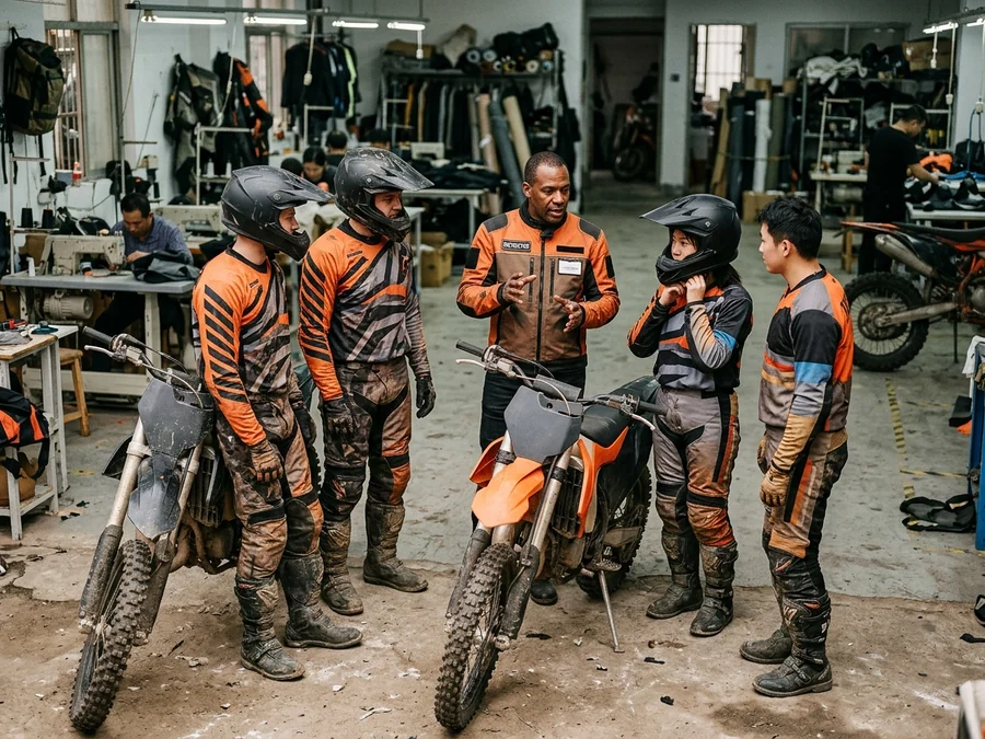 Riding school instructors and students in matching kits with roles instead of numbers