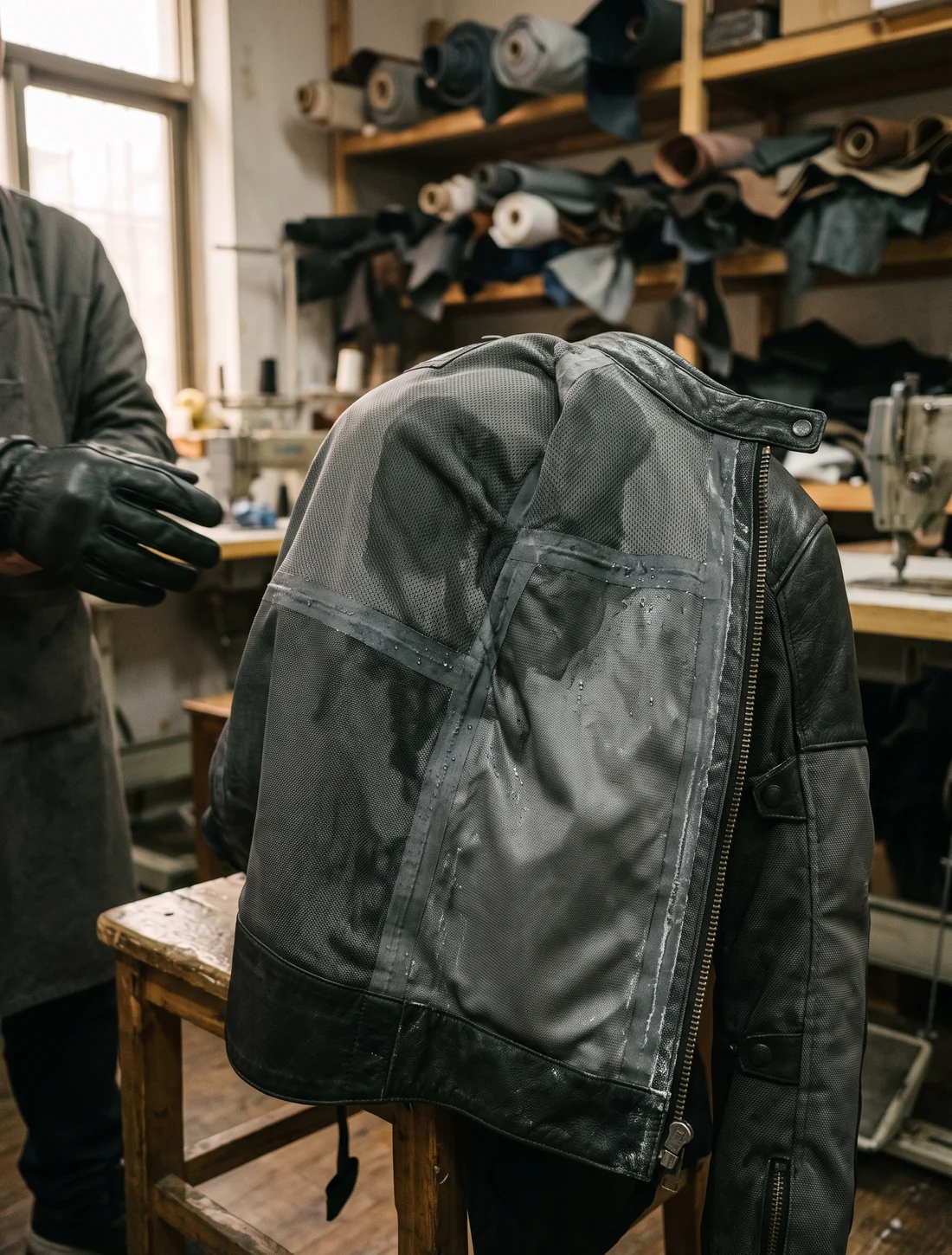 The inside of a riding jacket after a long ride, showing where moisture collects