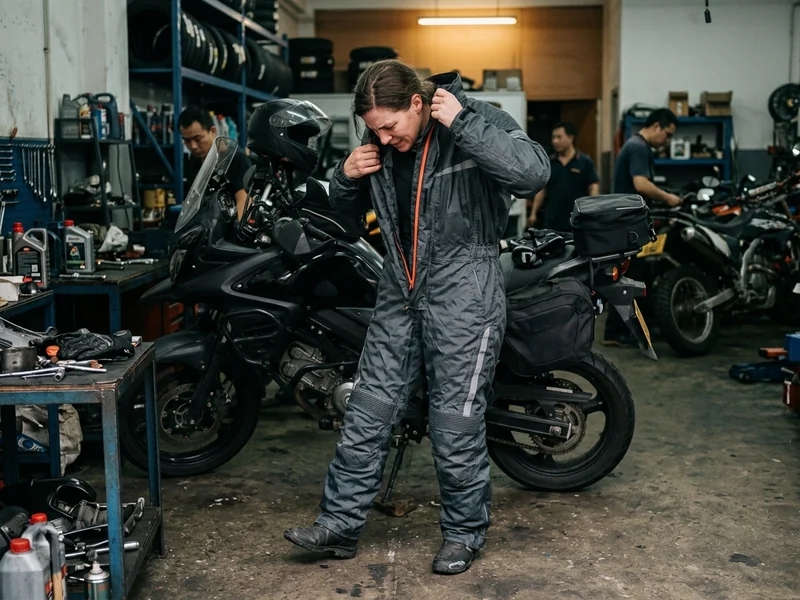 Rider pulling a one-piece motorcycle rain suit over riding gear beside the bike