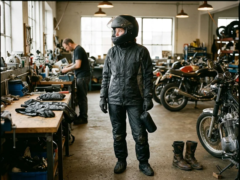 Motorcycle glove rain covers and boot covers packed beside a pair of riding boots