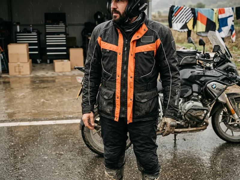 Rider in a waterproof motorcycle jacket with storm flap on a wet road