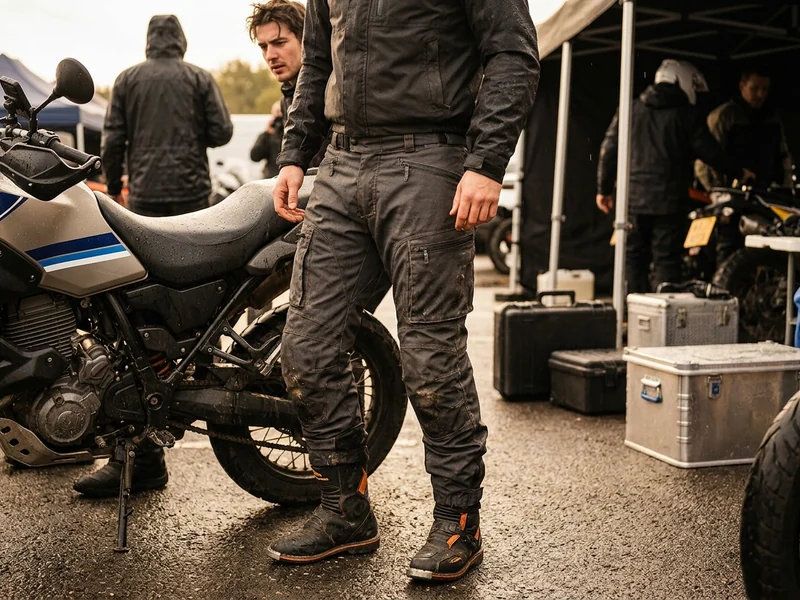Rider in waterproof motorcycle pants over riding boots in the rain