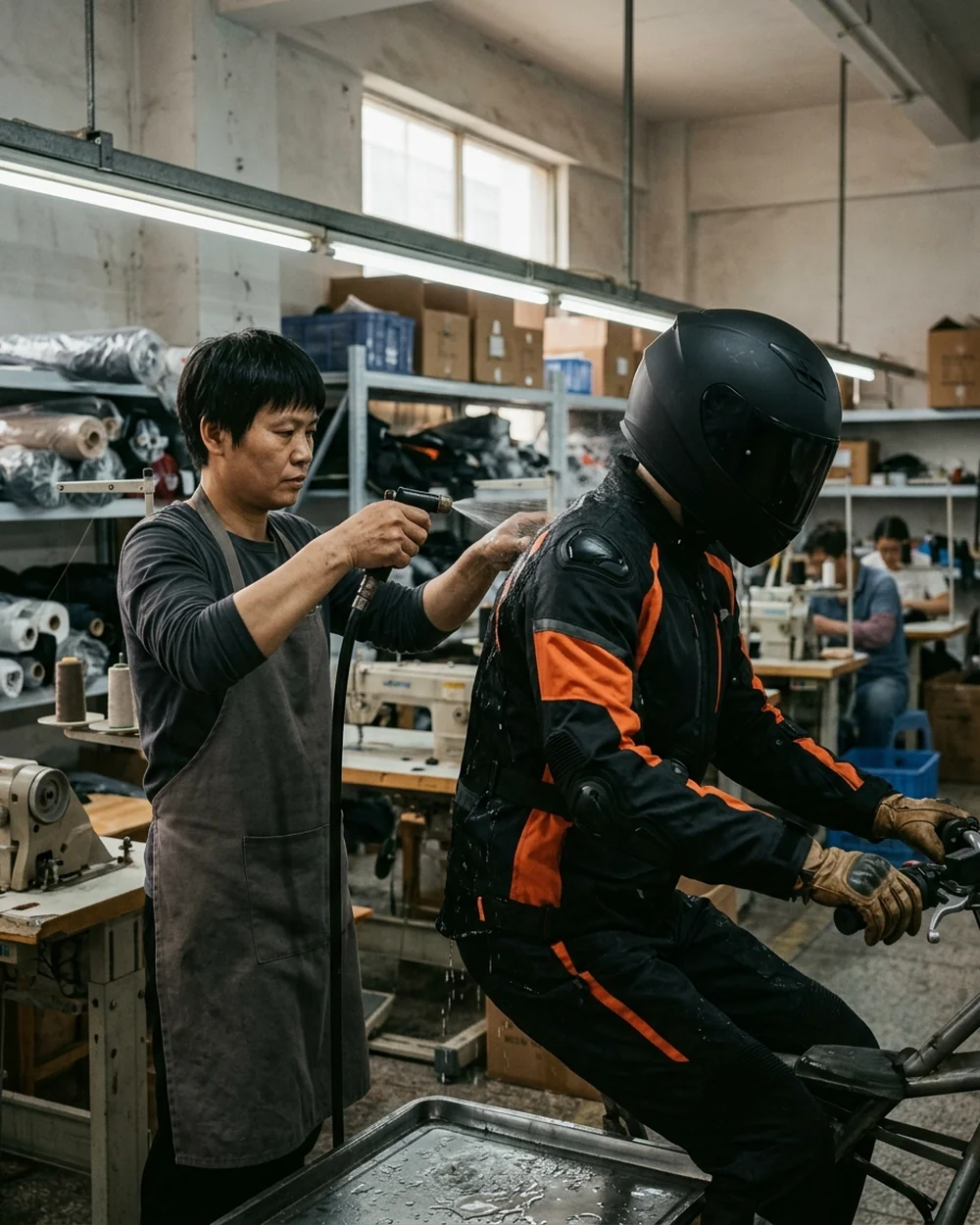 A finished garment tested on a form in a riding position with water directed at the collar