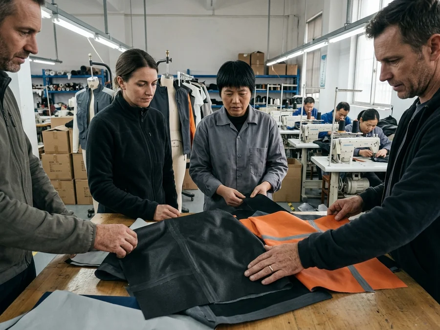 Brand team reviewing a laminate rain range