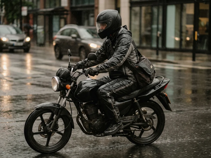 Courier riding in daily rain