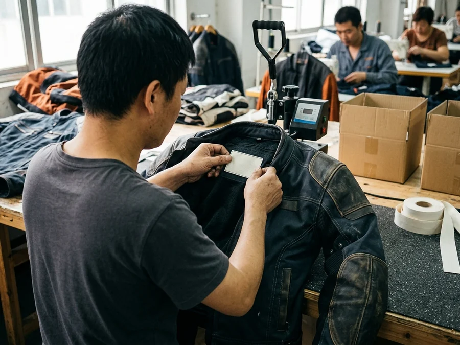 Dealer adding their own label to riding gear on the shop floor