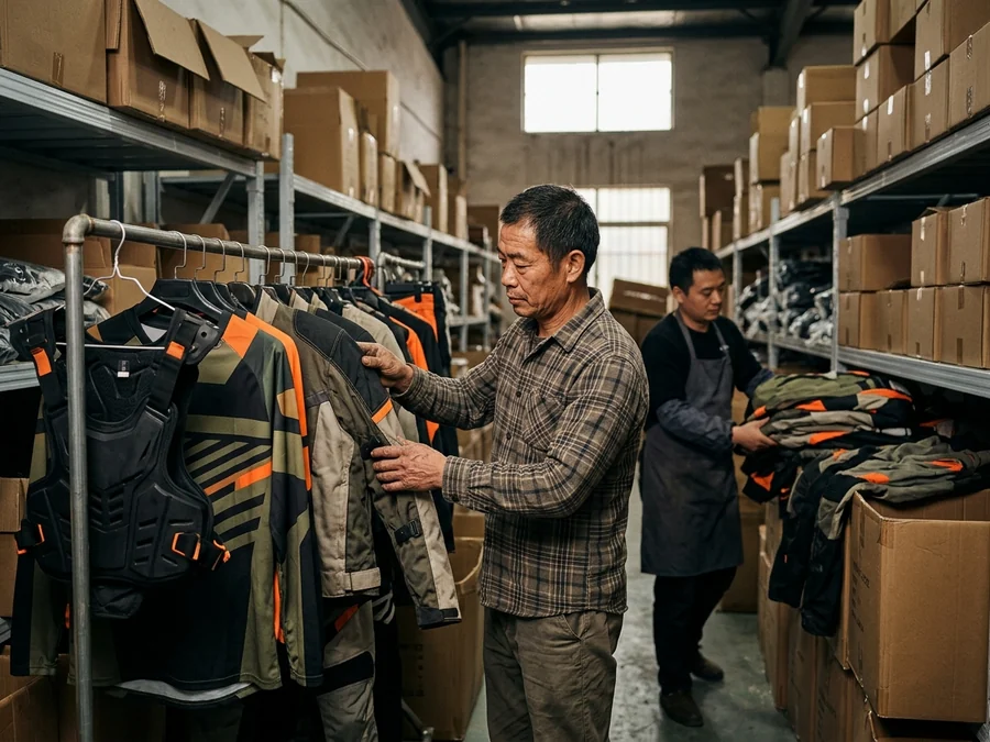 Distributor checking a range of riding gear across a warehouse aisle