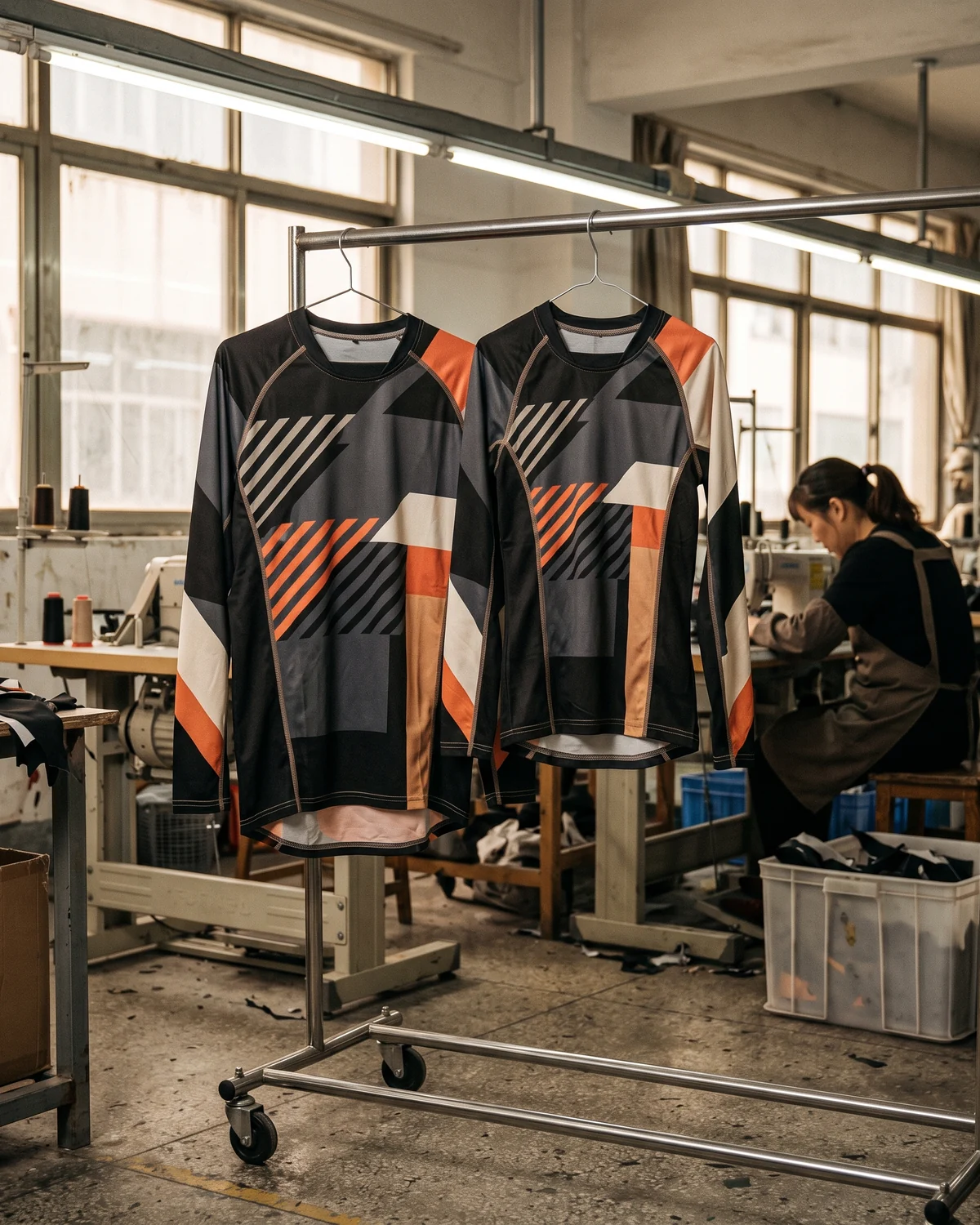 Two versions of the same team kit hanging side by side