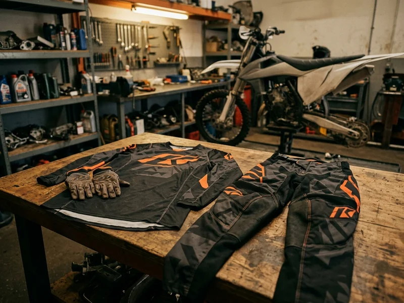 Complete women’s motocross kit, jersey, pants and gloves in one colorway laid out