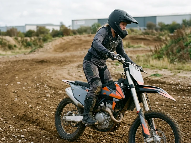 Female rider in women’s motocross pants standing on the pegs on a dirt track