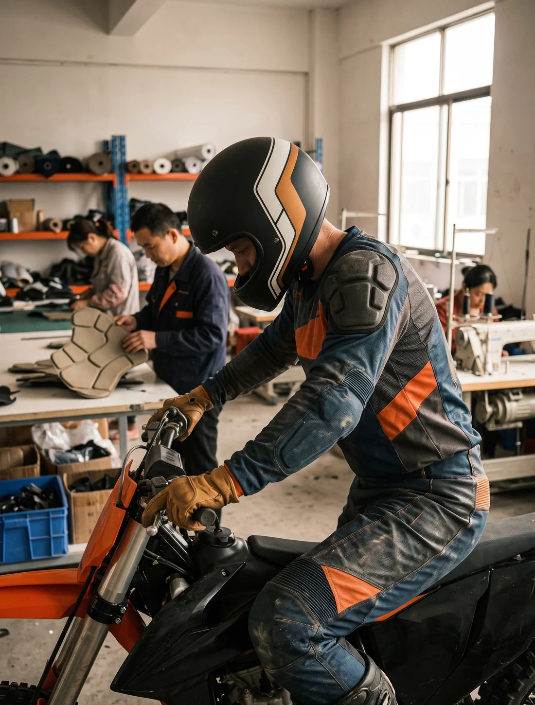 A rider reaching forward to the bars with shoulder armor fitted