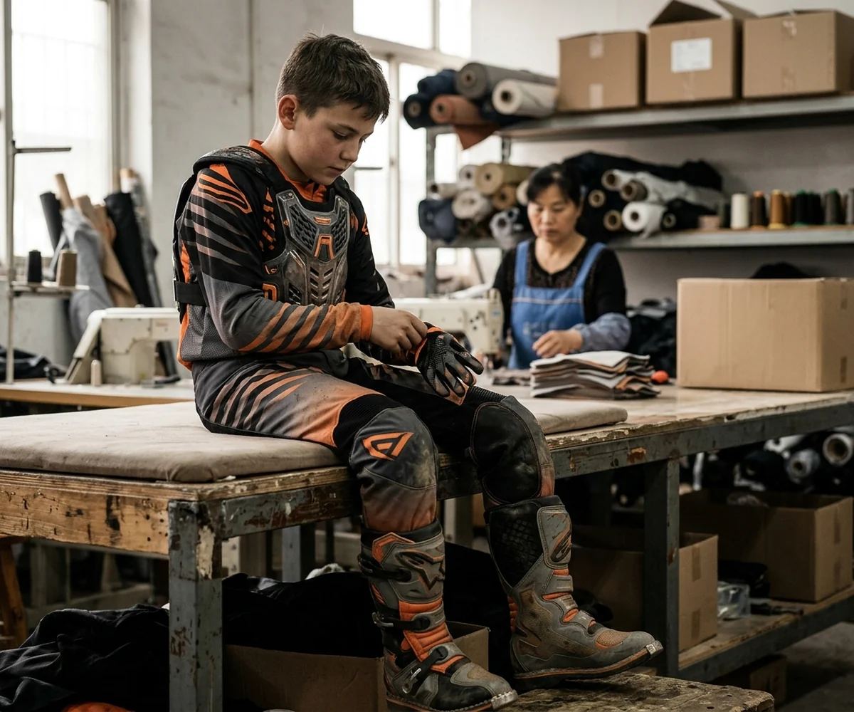 Youth rider in the kit over roost guard and braces, parts visible