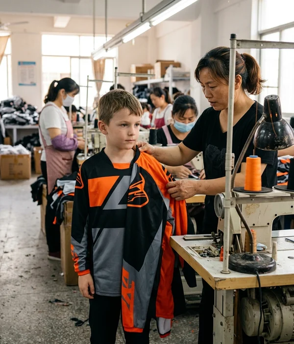 Youth jersey on a child next to an adult XS on the same child, seam in the wrong place