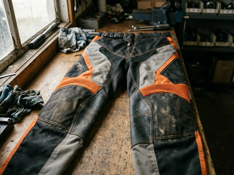 Youth motocross pants with knee reinforcement, laid flat