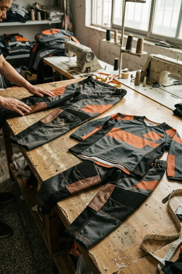 Youth jersey and pants laid flat beside the adult set in the same profile