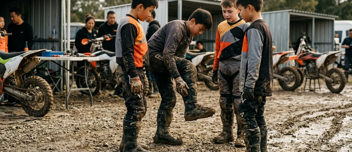 School students in over-the-boot youth pants in the mud